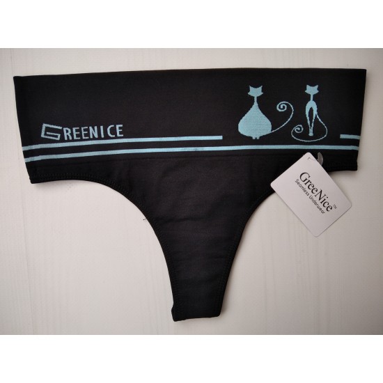 Трусики стрінги Greenice безшовні широкий пояс блакитний кіт чорні S\M 2362