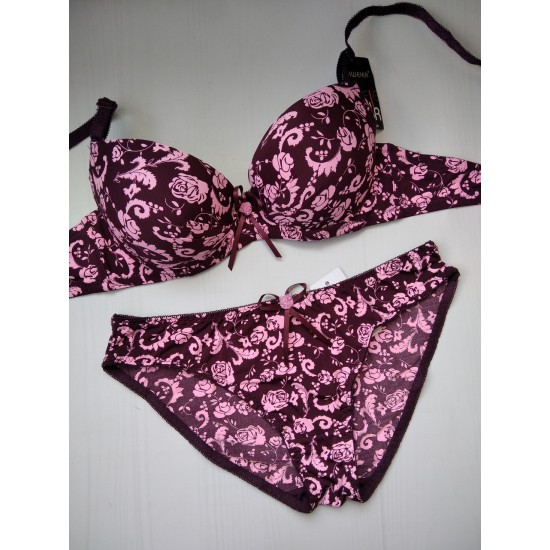 Комплект Biweier гладкий с цветочным принтом push up бордовый 85В 3807