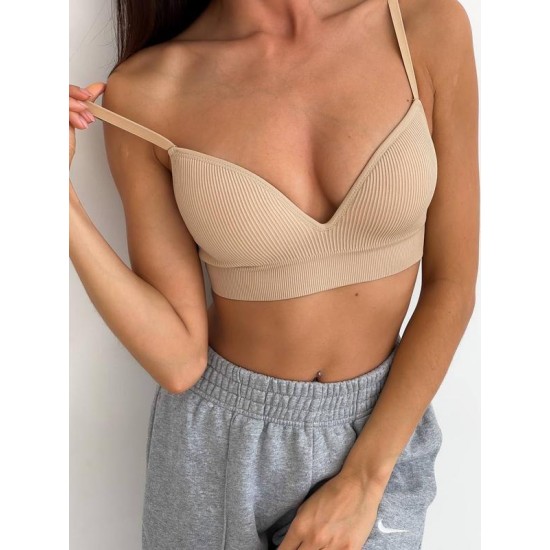 Бюстгальтер Ouno без косточек в рубчик бежевый S\M 7502